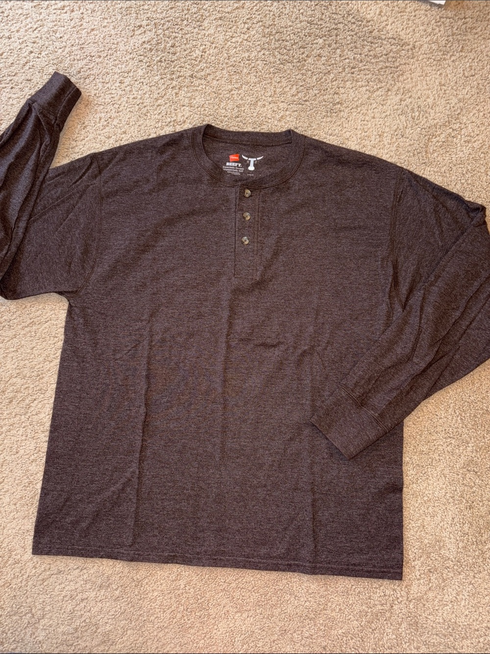 Hanes Beefy Long Sleeve Henley Brown Mens Large